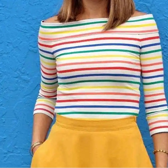 Modcloth Rainbow Top Fervour Cafe Parfait Stripe Off Shoulder Knit Medium Small - Picture 2 of 10